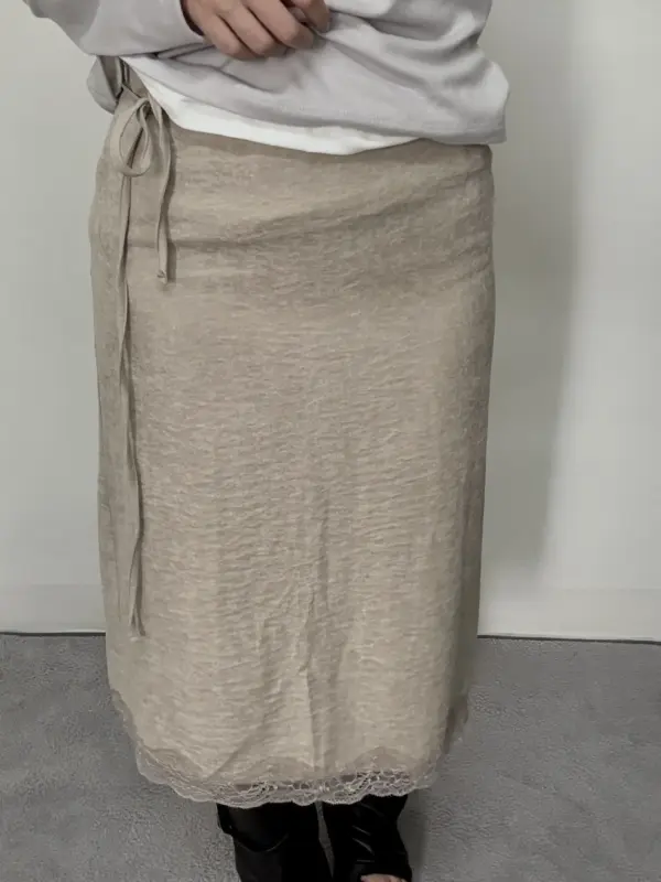 26H11下擺蕾絲綁帶裙(米)