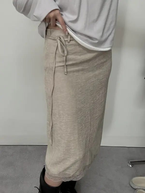 26H11下擺蕾絲綁帶裙(米)
