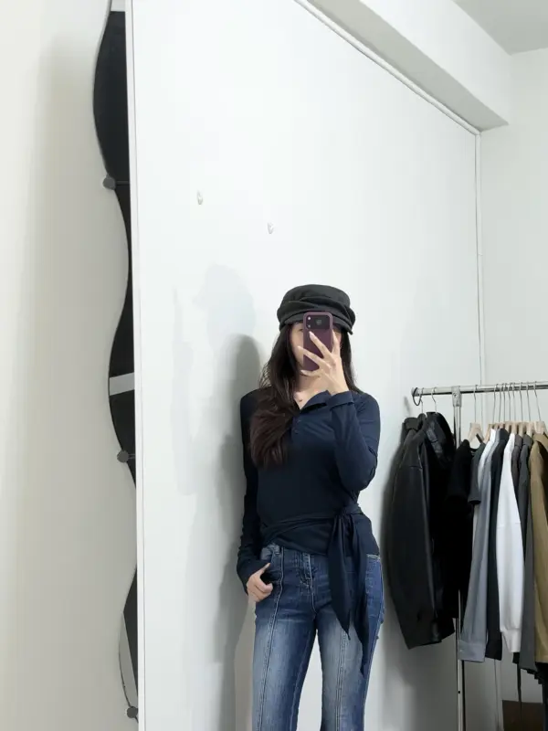 26H06溫柔垂墜綁帶上衣(藍)
